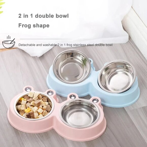 Pet Dog Food Feeder Double Bowl Stainless Steel Rounded Cute Cartoon Frog Style - Picture 2 of 7